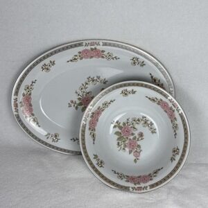 Fairfield Fine China Pink Floral Mist Yung Shen 14" Platter & 9" Bowl Vintage